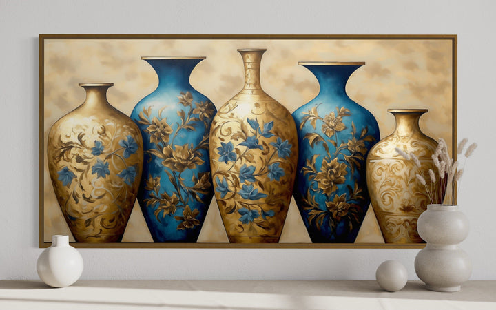 Blue Gold Vases Dining Room Framed Canvas Wall Art