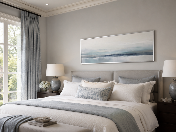 Blue gray calm coastal framed canvas wall art hanging over a bed in a serene bedroom.