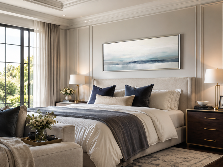 Blue gray calm coastal abstract framed canvas wall art displayed over a bed in a modern bedroom.