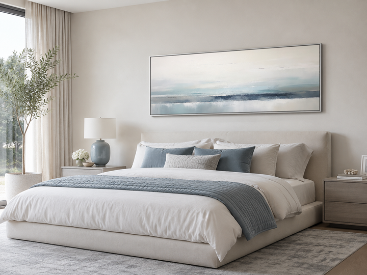 Blue gray calm coastal framed canvas wall art in a horizontal layout over a bed.