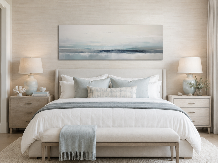 Blue gray calm coastal abstract landscape framed canvas wall art hanging over a bed.