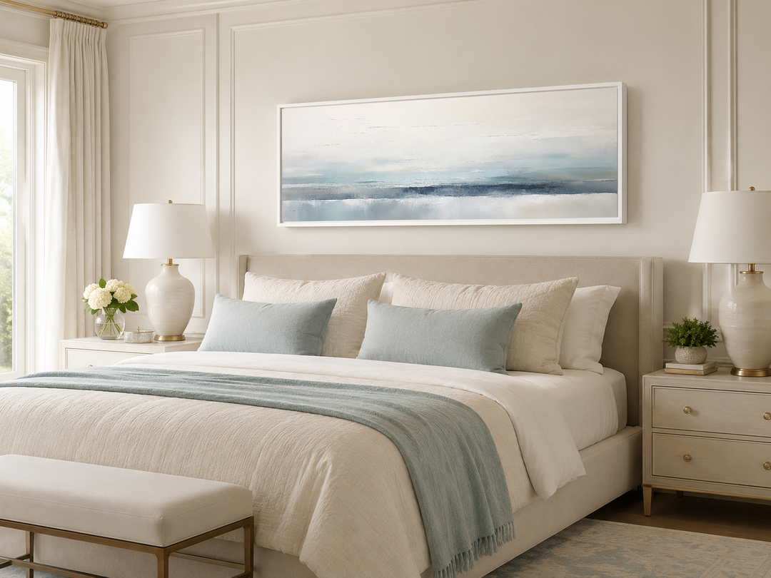 Long horizontal blue and gray coastal abstract framed canvas art hanging over a bed.
