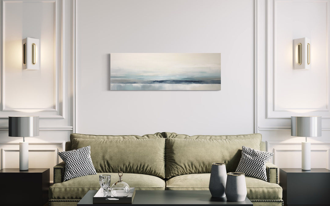 Blue Gray Calm Coastal Over Bed Framed Canvas Wall Art