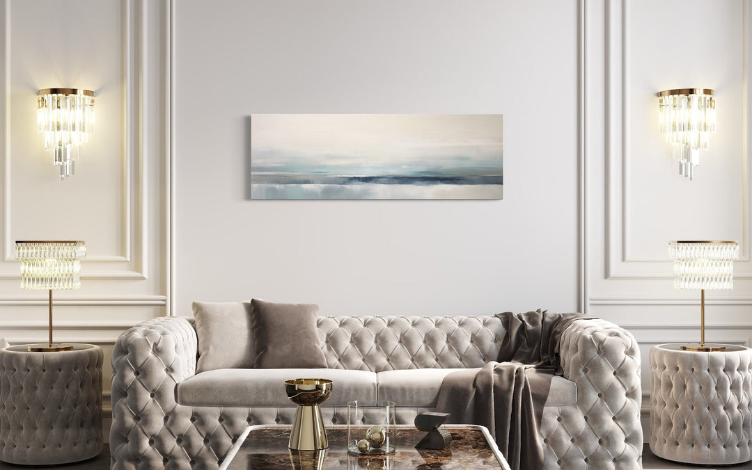 Blue Gray Calm Coastal Over Bed Framed Canvas Wall Art