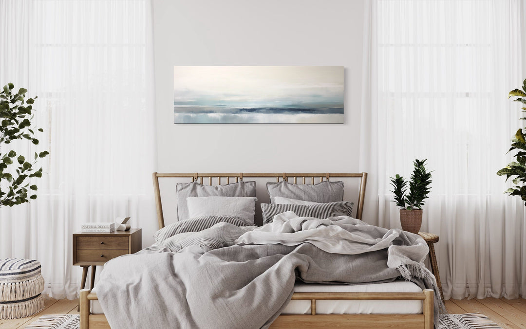 Blue Gray Calm Coastal Over Bed Framed Canvas Wall Art