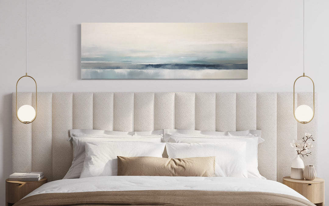 Blue Gray Calm Coastal Over Bed Framed Canvas Wall Art