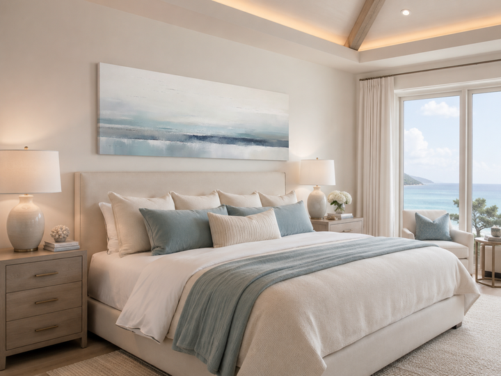 Blue gray calm coastal framed canvas wall art hanging above a bed in a serene bedroom.