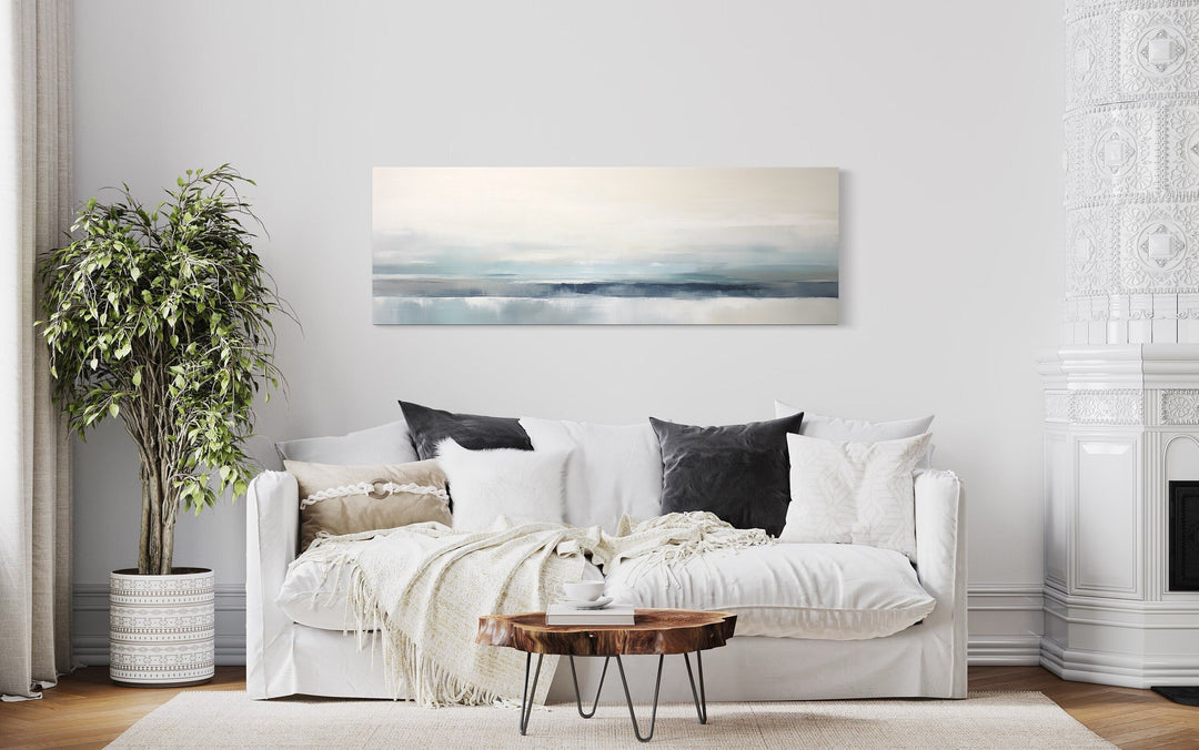 Blue Gray Calm Coastal Over Bed Framed Canvas Wall Art