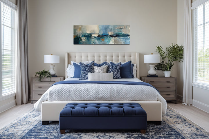 Blue Grey Aqua Calm Peaceful Abstract Above Bed Long Narrow Wall Art