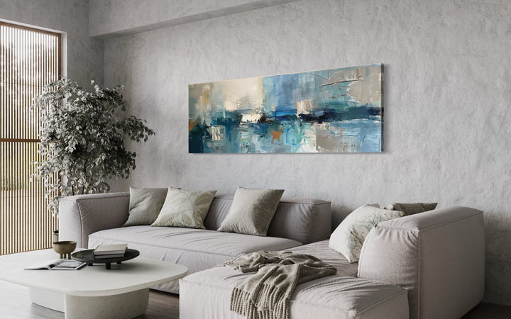 Blue Grey Aqua Calm Peaceful Abstract Above Bed Long Narrow Wall Art