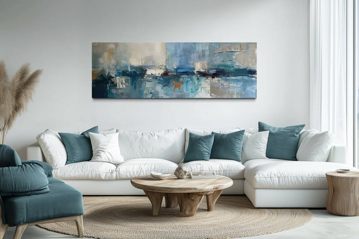 Long narrow abstract wall art in blue, grey, and aqua.