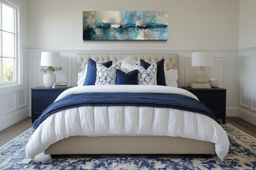 Blue Grey Aqua Calm Peaceful Abstract Above Bed Long Narrow Wall Art