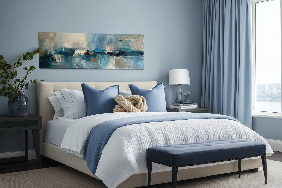 Wall Art For Bedroom - Blue Grey Aqua Calm Peaceful Abstract Above Bed Long Narrow Wall Art