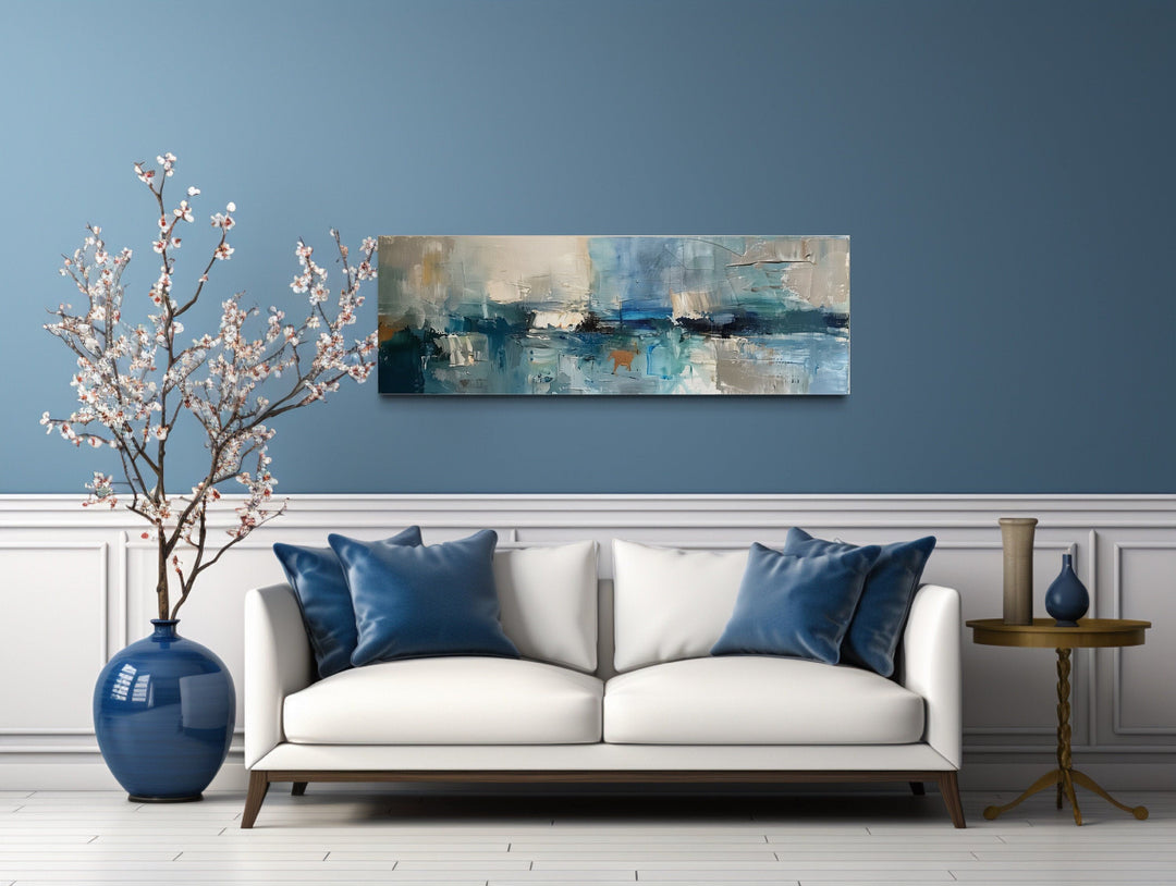 Blue Grey Aqua Calm Peaceful Abstract Above Bed Long Narrow Wall Art