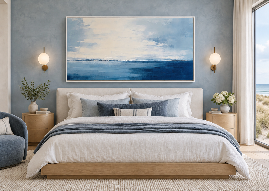 Abstract Minimalist Ocean Navy Blue Grey Framed Canvas Wall Art