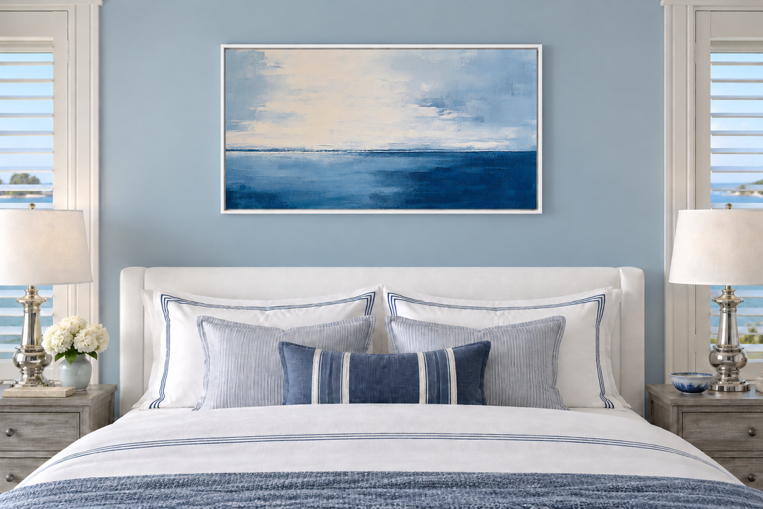 Abstract Minimalist Ocean Navy Blue Grey Framed Canvas Wall Art