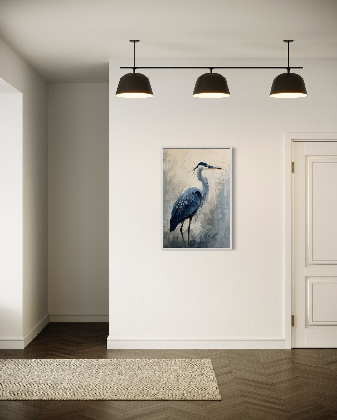 Vertical framed canvas wall art of a blue heron abstract painting in a modern white hallway.