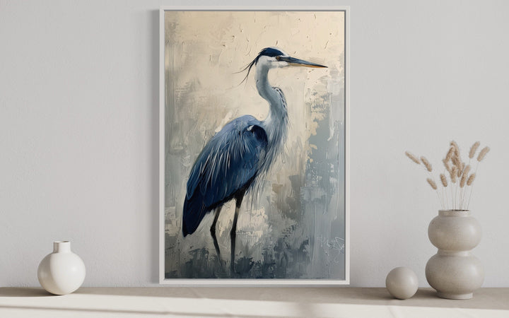Blue heron abstract painting in a white frame.