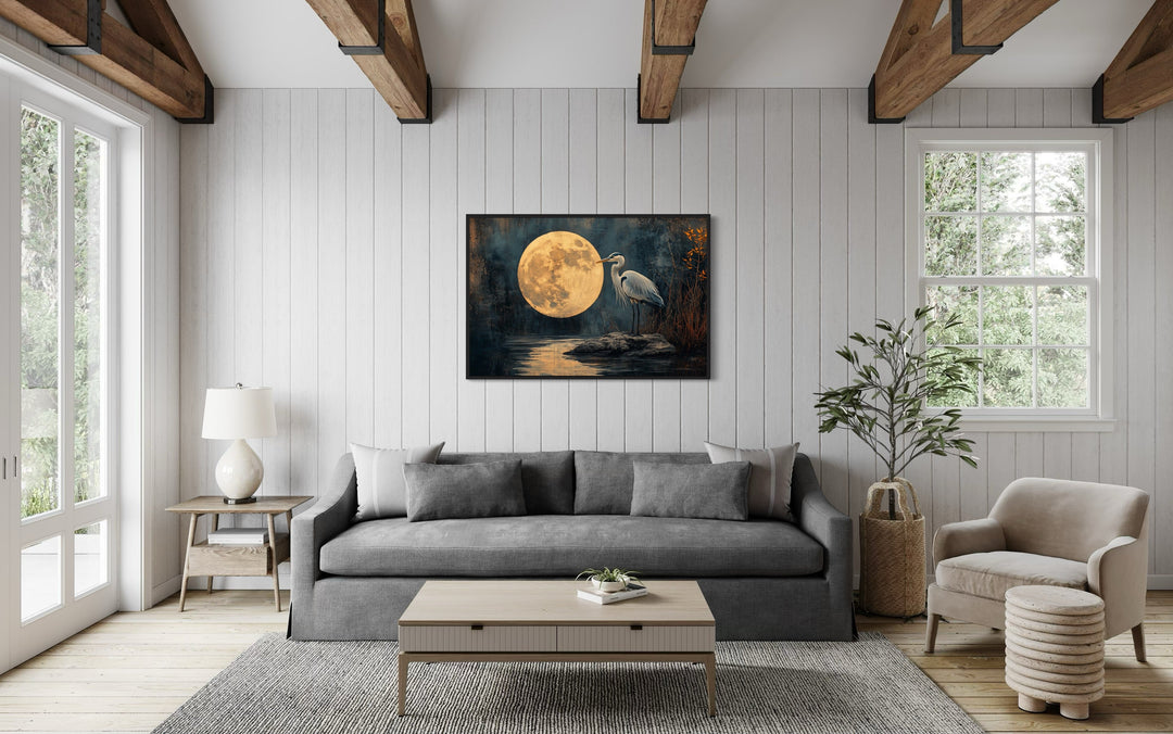 Blue Heron At Night Under Full Moon Framed Canvas Wall Art