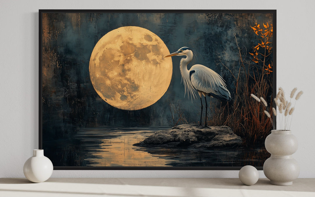 Blue Heron At Night Under Full Moon Framed Canvas Wall Art