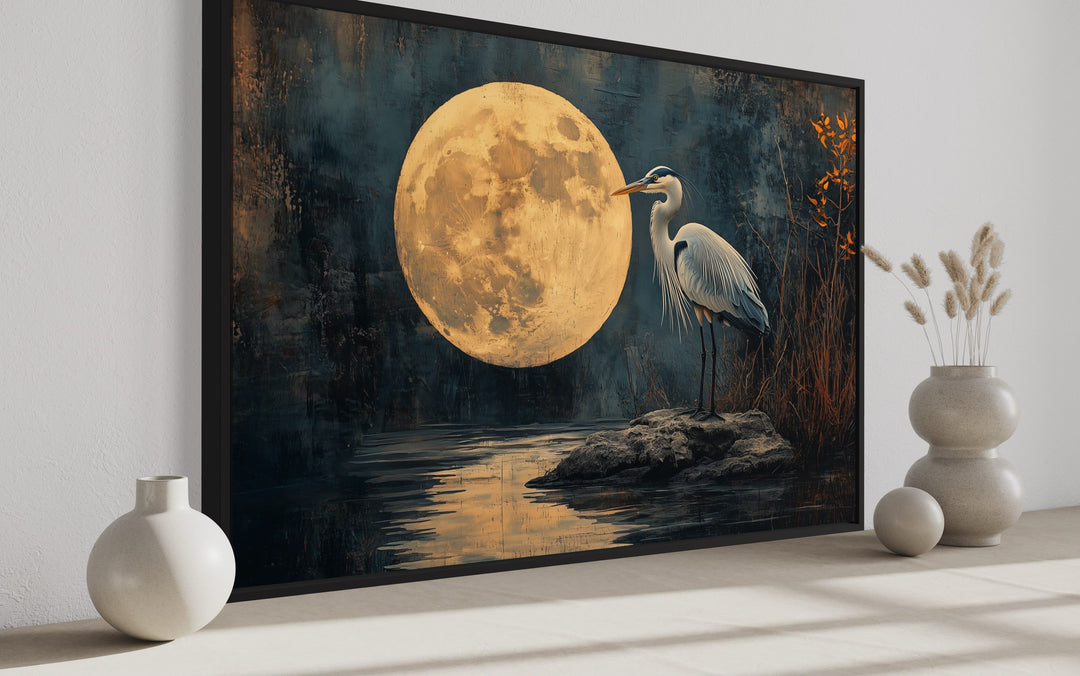 Blue Heron At Night Under Full Moon Framed Canvas Wall Art