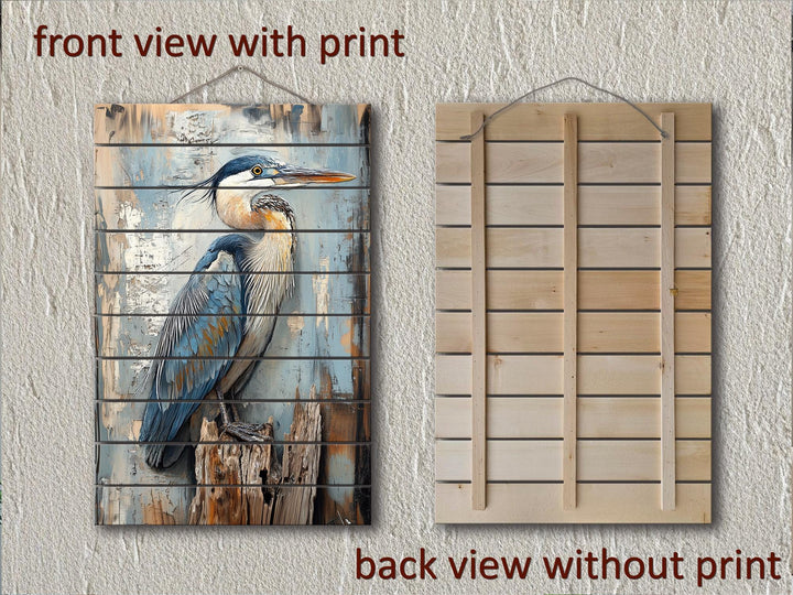 Blue Heron On Driftwood Distressed Wood Wall Art