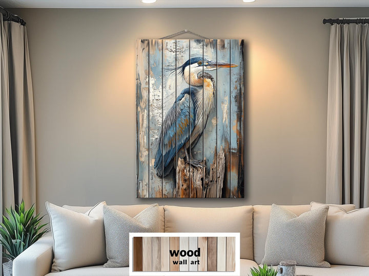 Blue Heron On Driftwood Distressed Wood Wall Art