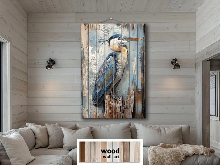 Blue Heron On Driftwood Distressed Wood Wall Art