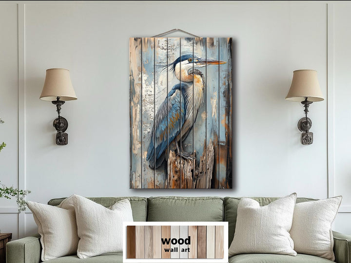 Blue Heron On Driftwood Distressed Wood Wall Art