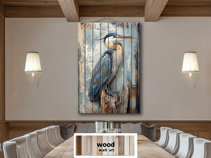 Blue Heron On Driftwood Distressed Wood Wall Art
