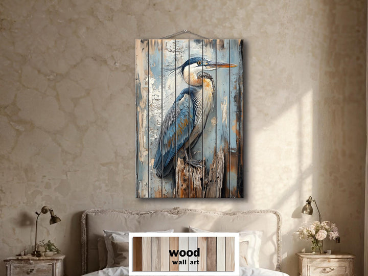 Blue Heron On Driftwood Distressed Wood Wall Art