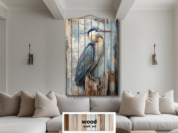 Blue Heron On Driftwood Distressed Wood Wall Art