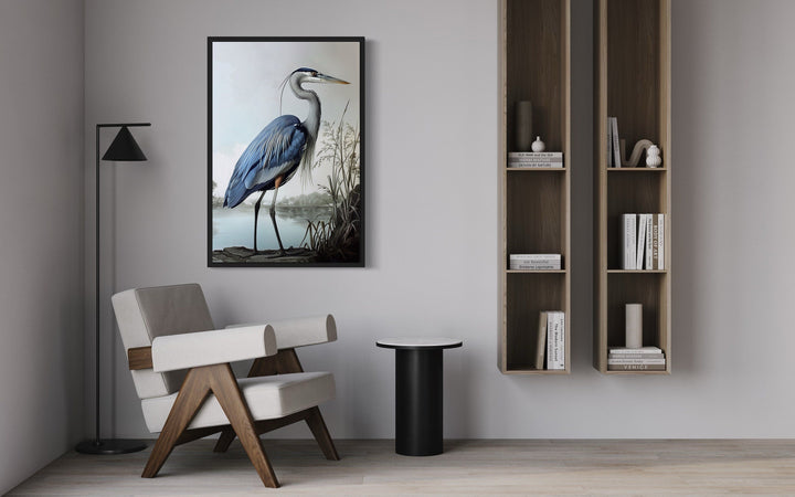 Blue Heron Painting Coastal Framed Canvas Wall Art