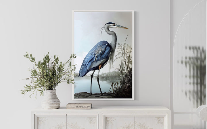 Blue Heron Painting Coastal Framed Canvas Wall Art