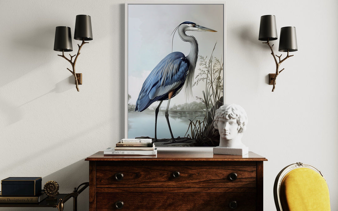 Blue Heron Painting Coastal Framed Canvas Wall Art