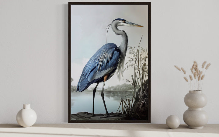 Blue Heron Painting Coastal Framed Canvas Wall Art