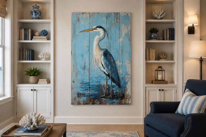 Rustic blue heron painting on weathered wood-textured canvas in a coastal living room setting.