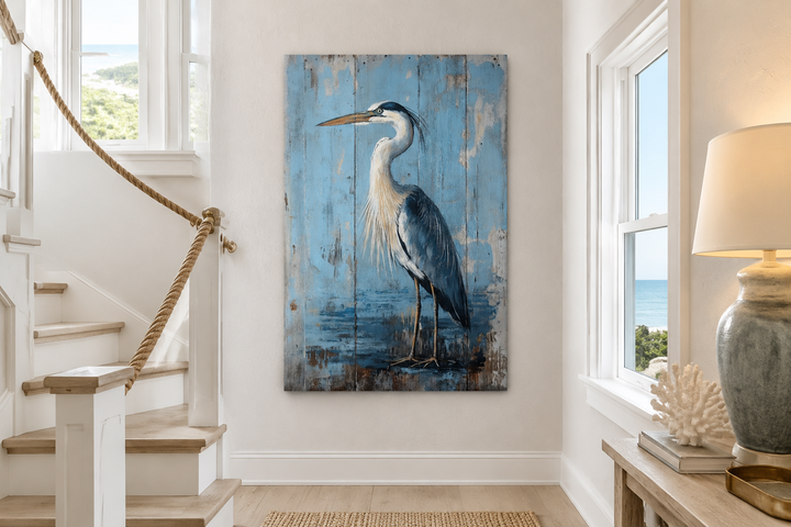 Rustic blue heron painting on weathered wood-textured canvas in a coastal home entryway.