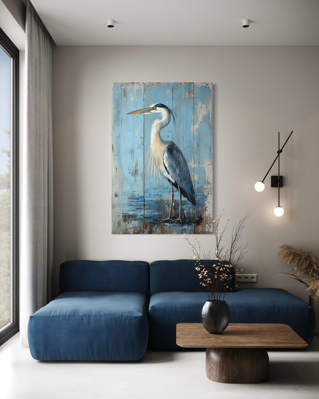 Blue heron painting on weathered wood-textured canvas in a modern living room setting.
