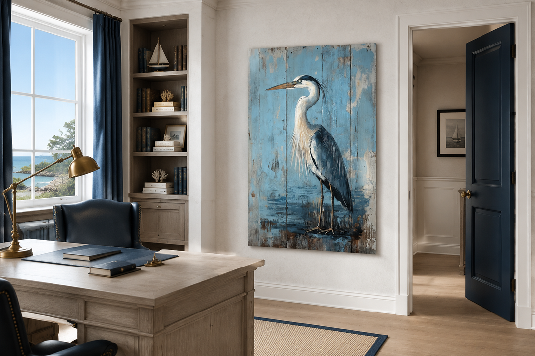 Rustic blue heron painting on weathered wood-textured canvas in a coastal-style home office.