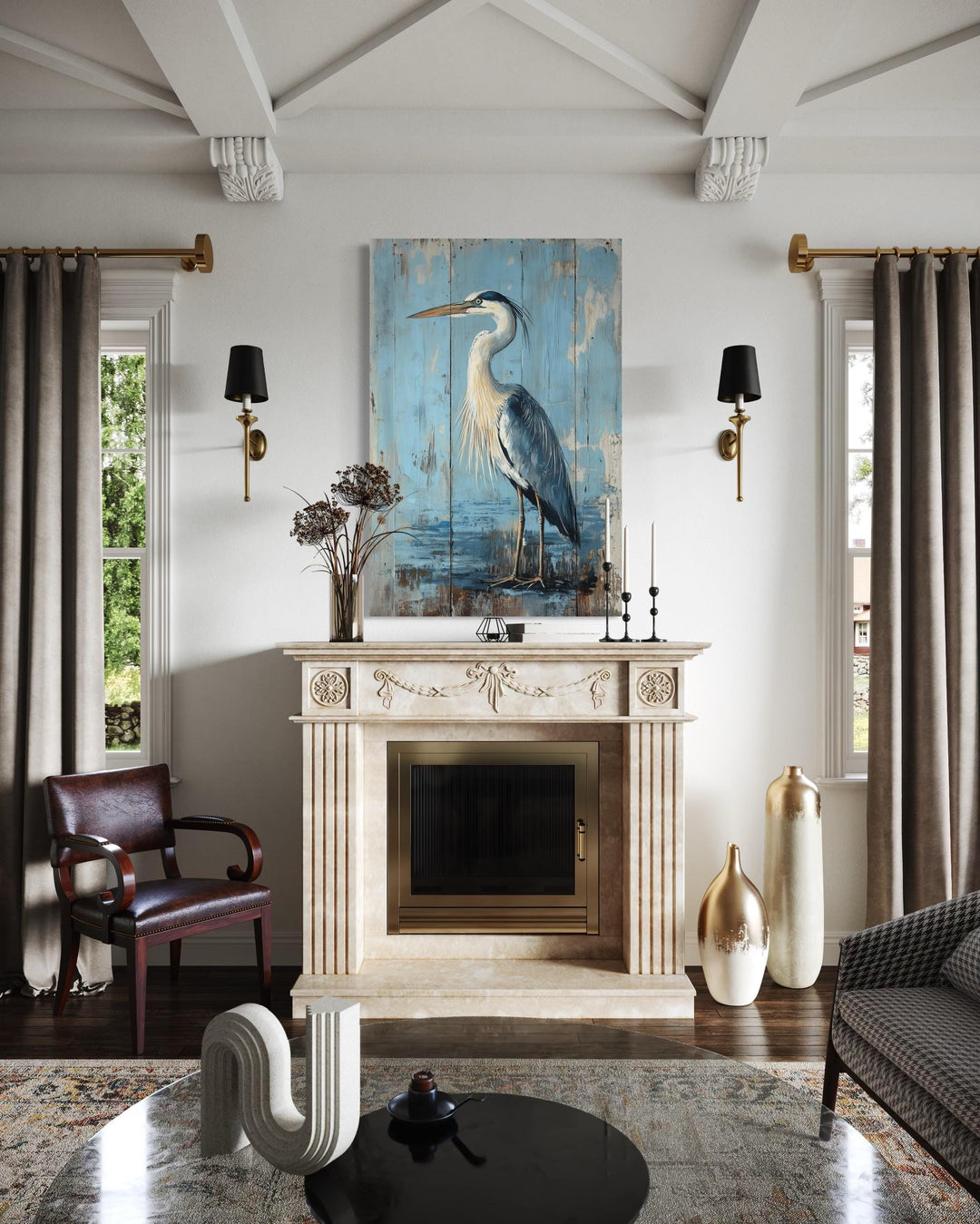 Rustic blue heron painting on a weathered wood-textured canvas above a fireplace mantel.