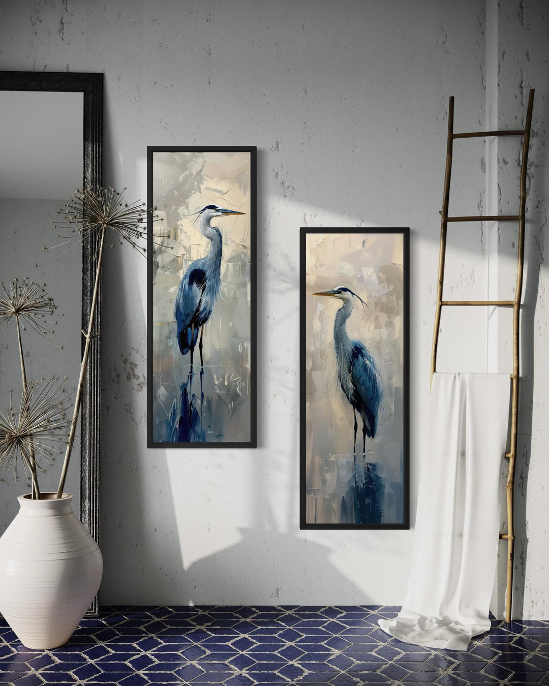 Set of two tall narrow canvas prints featuring blue herons in a painterly, modern style.
