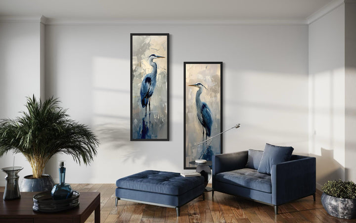 Set of two tall, narrow canvas prints featuring blue herons in a modern, painterly style.