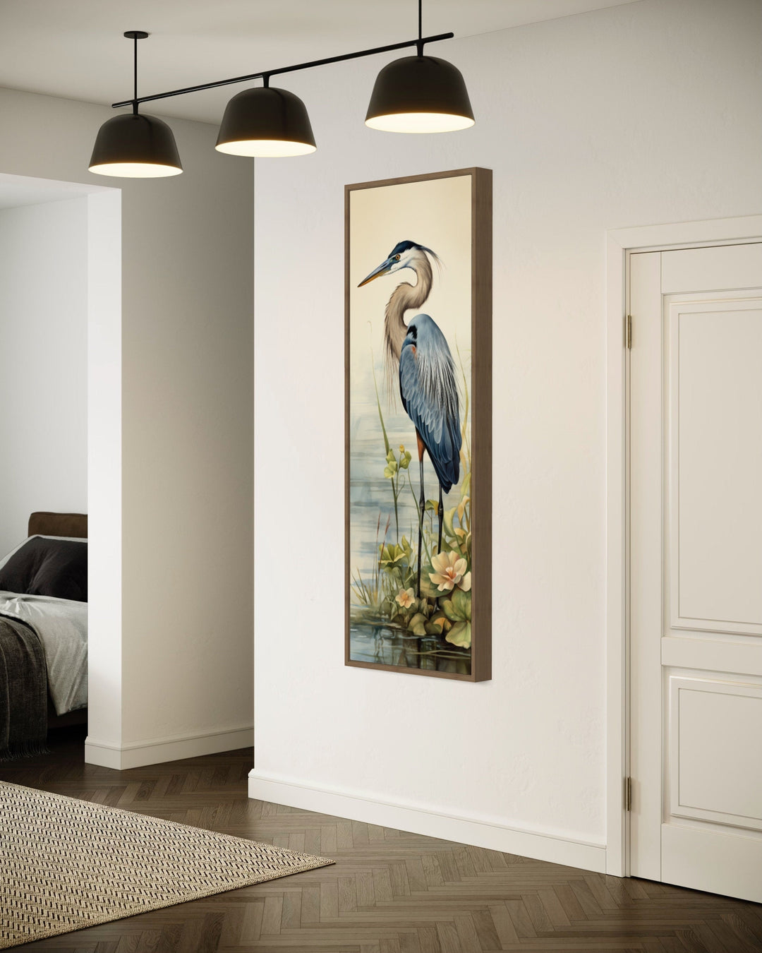 Tall narrow vertical framed canvas wall art featuring a blue heron in a coastal landscape.