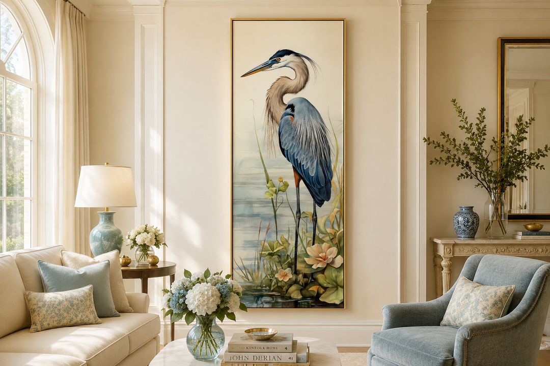 Blue Heron Tall Narrow Vertical Framed Canvas Wall Art in a sophisticated living room setting.