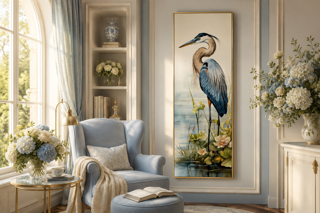 Tall narrow vertical framed canvas wall art featuring a detailed blue heron in a coastal setting.