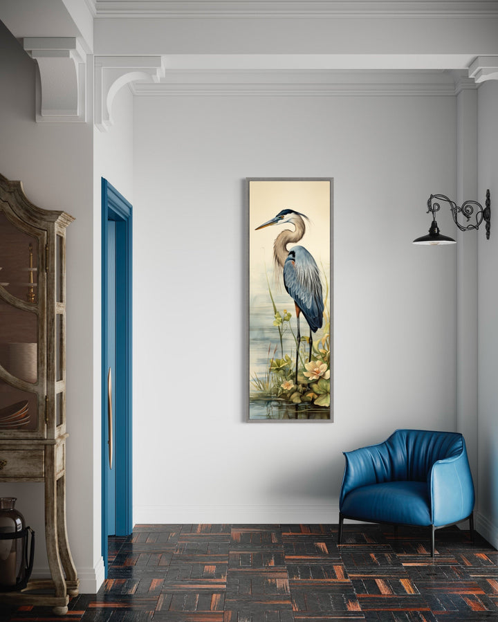 Blue Heron Tall Narrow Vertical Framed Canvas Wall Art