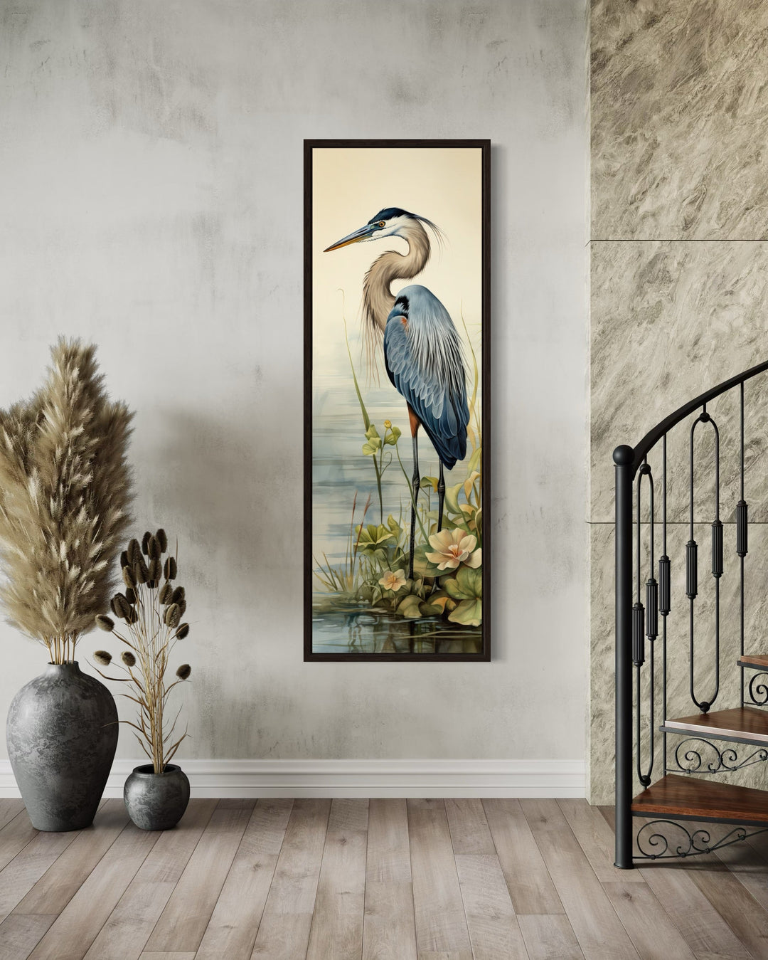 Blue Heron Tall Narrow Vertical Framed Canvas Wall Art hanging in a modern hallway.