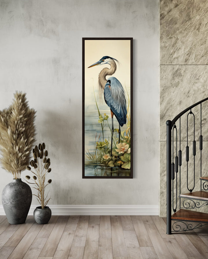 Blue Heron Tall Narrow Vertical Framed Canvas Wall Art hanging in a modern hallway.