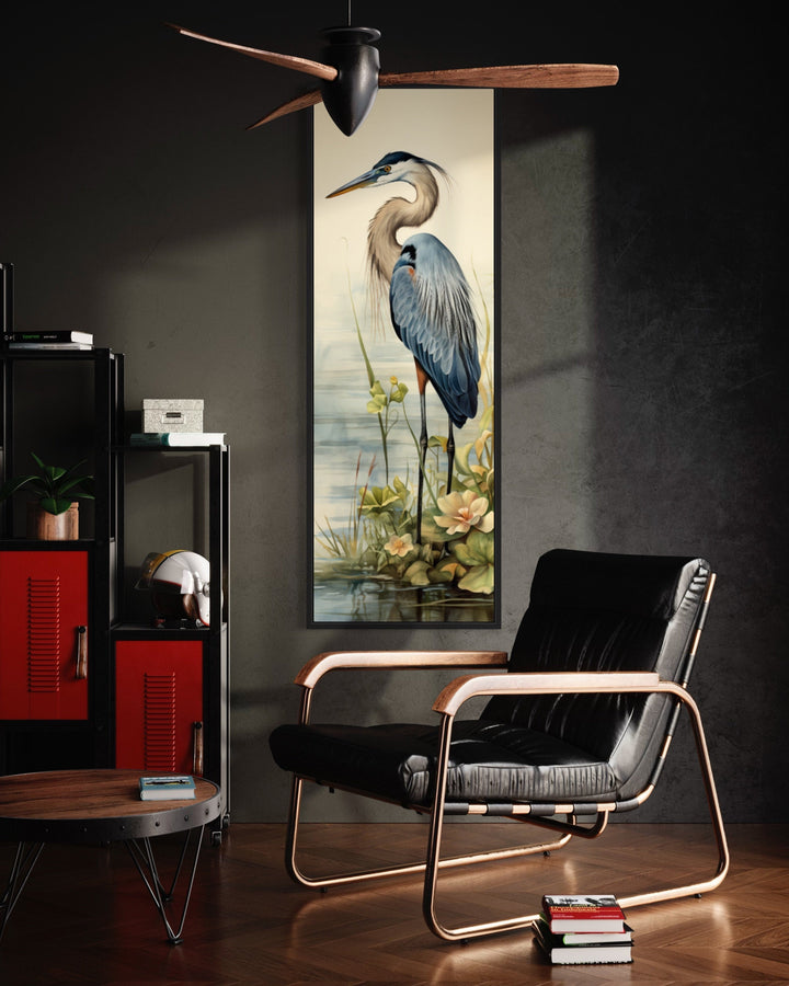 Blue Heron Tall Narrow Vertical Framed Canvas Wall Art